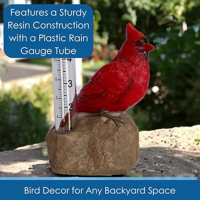 Gift Essentials Cardinal Decorative Rain Gauge Outdoor - Resin Bird Figurine on Rock Base - Removable Tube Measures Up to 5 Inches of Rainfall - Garden Decor Gift