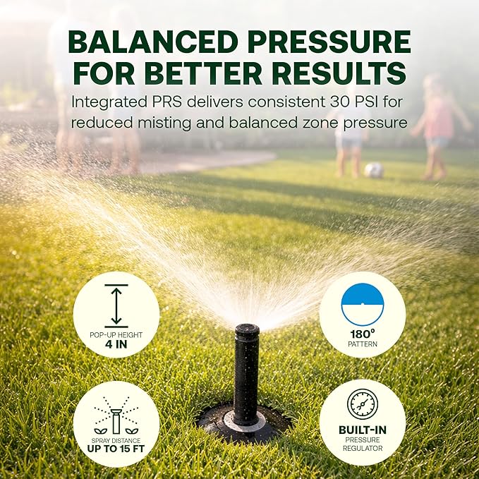 Rain Bird 1804HDPRS Pressure Regulated 1800 Series Dual Spray 4 Inch Pop Up Sprinkler Head, 4 Pack -Water Efficient Lawn Sprinkler with 180 Degree Half Pattern, 1/2 Inch NPT Up to 15 Ft Spray Distance