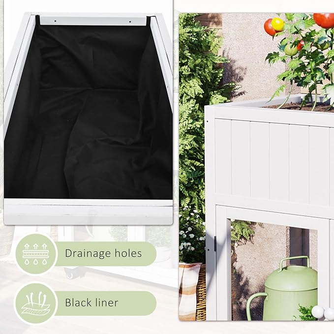 Merax Raised Garden Bed with Leg, Potting Bench with Wheels Outdoor Garden Work Bench Station Planting Solid Wood Construction for Horticulture w/Storage Cabinet, White
