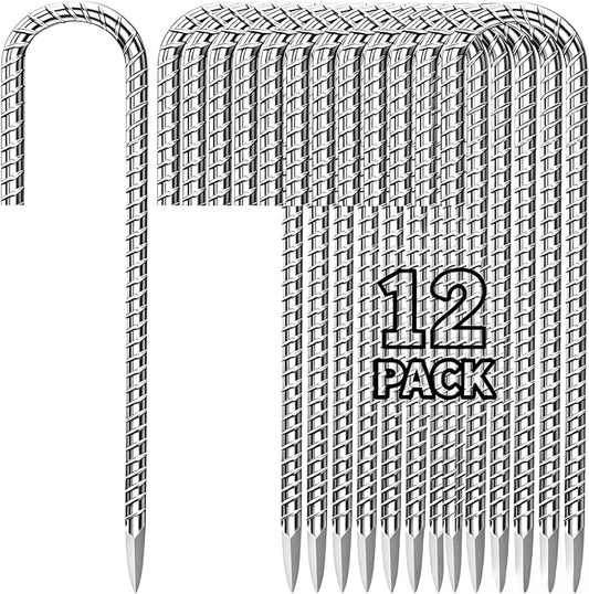 Homwin 12 inches Tent Stakes Heavy Duty 12-Pack, 5/16" Diameter J Hook Fence Stakes Rebar Ground Stake for Inflatables, Tarp, Yard Lawn Outdoor Decoration