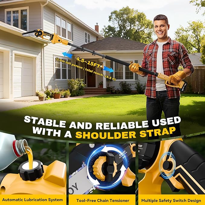 6-in-1 Pole Saw & Cordless Hedge Trimmer Combo Kit,Electric Grass Trimmer,Mini Chainsaw with 2×4.0 Ah Battery,Dual-Action Blade,Brushless Motor,8.5 ft Max Reach,for Tree Trimming/Garden/Lawn (Yellow)