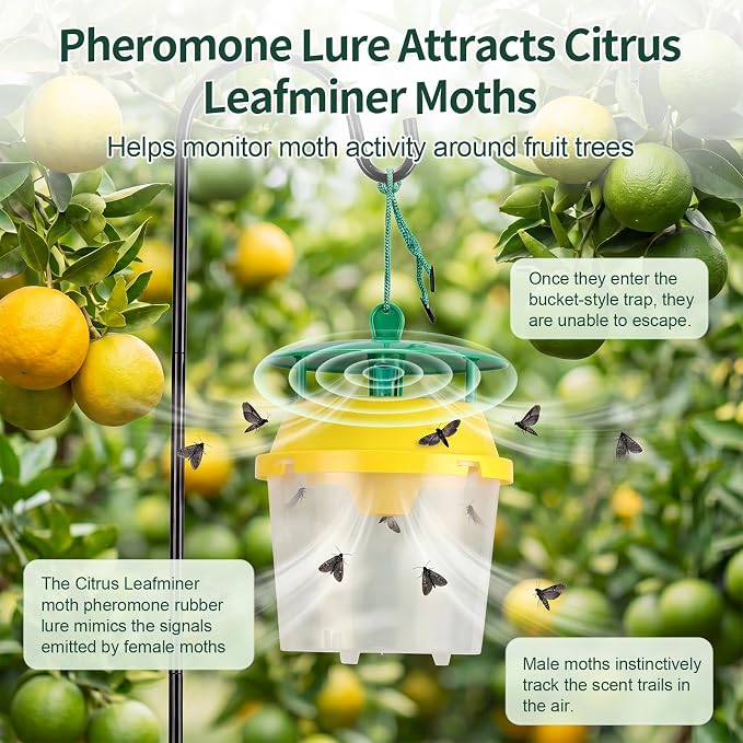 6 Pcs Reusable Leafminer Trap with Pheromone Lures, Bucket Style Insect Trap with 36.2'' Ground Stake, Outdoor Monitoring Tools for Citrus Trees Garden Orchard (2 Lures Included)