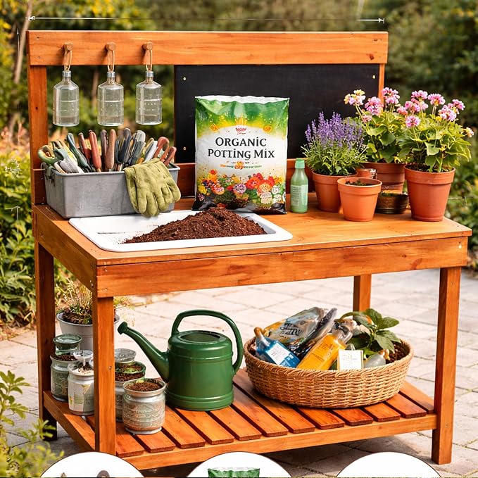 Wooden Potting Bench with Chalkboard, Removable Basin, Storage Shelf and Hooks, Outdoor Garden Work Table,Educational Gardening Tools, Natural Wood Finish (Paint Red)