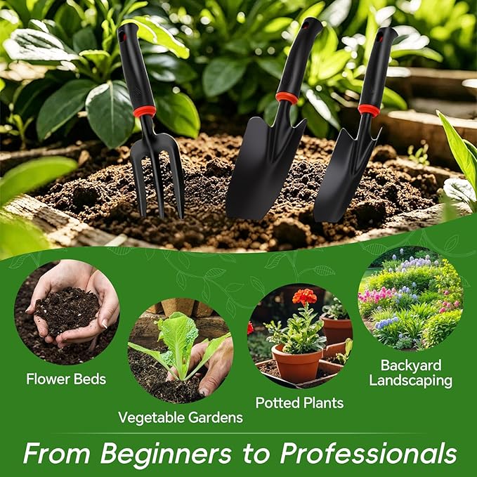 Vinid 4-Piece Heavy-Duty Garden Tool Set, Wide & Narrow Trowel, Root Remover, 3-Tine Cultivator, Hand Rake with Soft Rubber Non-Slip Handle, Idea Gift for Women, Mother
