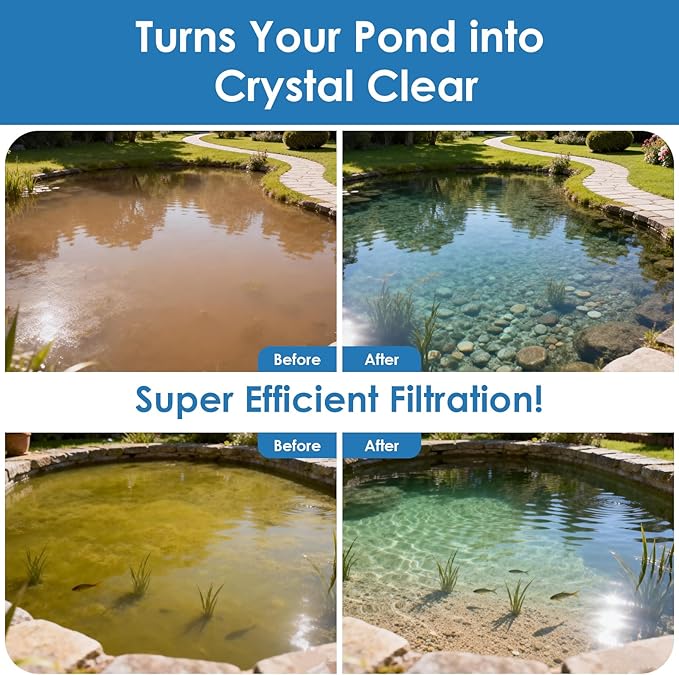Pond Filter & Fountain Kit with 3 Spray Heads, All-in-one 400GPH Pond Fountain Pump with 4-Stage Filtration, for Garden, Water Feature, 200-350 Gallon Outdoor Koi Fish Ponds