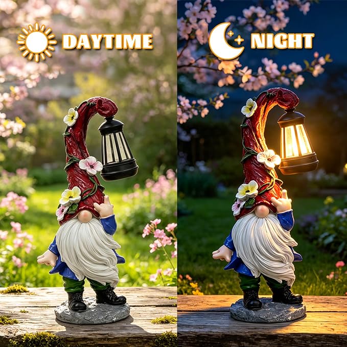 Garden Gnome Statue with Solar Lights 13.7" Garden Sculptures Gnomes Decorations Gnome Outdoor Patio Lawn Yard Balcony Birthday Gift for Mom Grandma(Right Light)