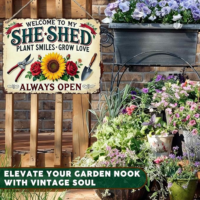 PEACHGARDEN Garden Decor She Shed Wall Art Decor Welcome To My She Shed Garden Metal Sign for Greenhouse Plantroom Yard Patio 12x16 inch
