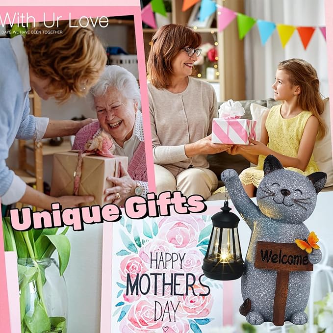 Juegoal Garden Statue Solar Cat Figurine with LED Lantern, Mothers Day 10" Resin Kitten Hold Welcome Sign, Outdoor Whimsical Lawn Porch, Lighted Housewarming Birthday for Mom Grandma