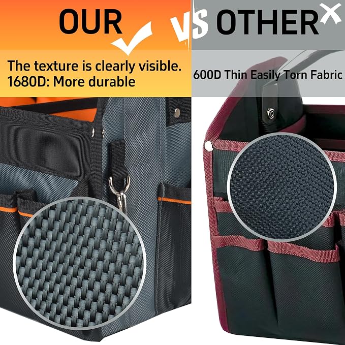 16-Inch Open-Top Tool Tote, 29-Pocket Pro Bag for All Trades | Trusted by Electricians, Plumbers & HVAC pros. Built with 1680D fabric & a padded handle for a comfortable, heavy-load carry