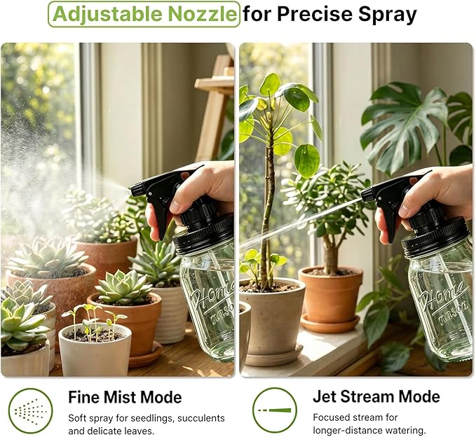 Glass Plant Mister Bottle -16 oz Vintage Style Mason Jar Fine Mist Sprayer - Refillable Leak Proof Water Spray Bottle for Plants, Gardening, Decorative with Adjustable Mist Nozzle (Green)