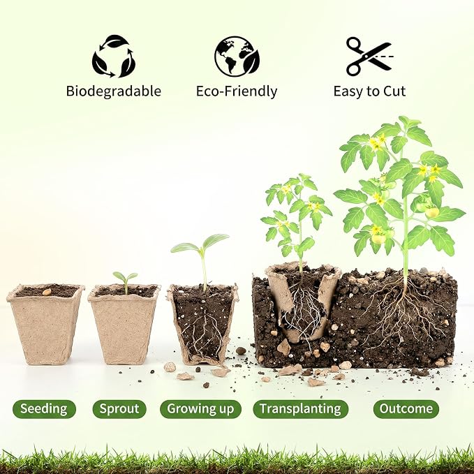Prudiut 144 Cells Seed Starter Tray, 12 Pack Biodegradable Peat Pots, Plant Starter Kit for Seedlings with 50 Labels & Transplanting Tools, Germination Cups for Vegetables, Flowers, Herbs