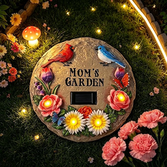 Stepping Stones Outdoor Solar Lights for Mother's Day with Cardinal Robin Birds Flowers and Mom's Garden Signs, Garden Gifts for Mom Resin Path Light with 4 LED Lamps for Walkway Yard 10 Inch