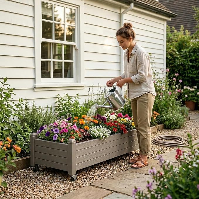 Raised Garden Bed with Wheels Outdoor, Resin Planter Box with Drain Hole and Water Level Detector for Backyard, Patio, Balcony, Gray(13.3" H)