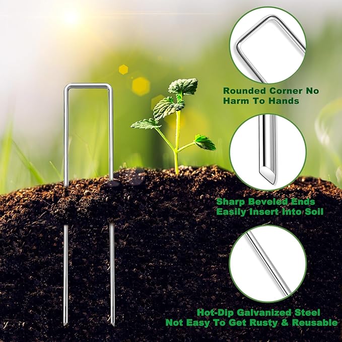6 Inch Landscape Staples Set, 11 Gauge Galvanized U-Shaped Garden Stakes (200 Pack) with Gaskets, Hook Tool & Rubber Mallet for Weed Fabric & Landscaping