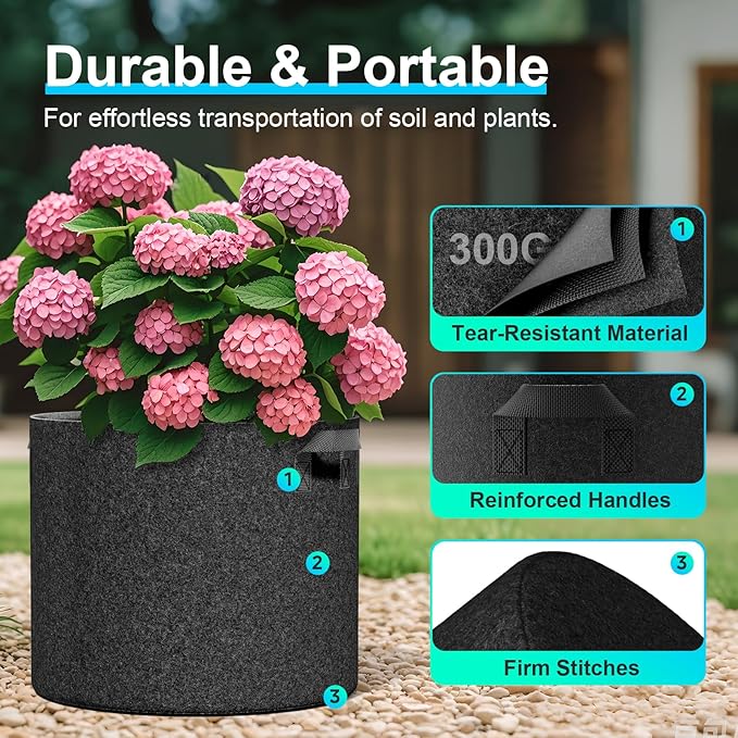 Land Guard 10-Pack Fabric Grow Bags 10 Gallon, Thickened Nonwoven Garden Pots, Growing Bags with Handles, Black