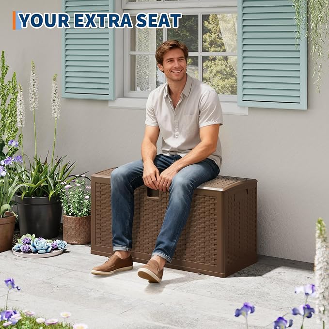IDEALHOUSE 73 Gallon Resin Deck Box, Waterproof Outdoor Storage Box with Lockable Lid & UV Resistant, Patio Furniture Cushion Storage Container for Garden, Backyard, Poolside (Brown)