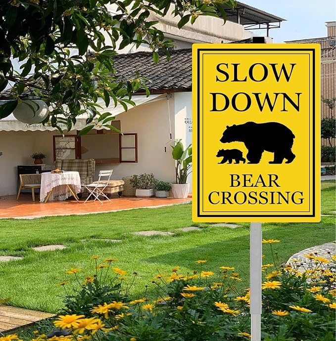 Bear Crossing Sign With Stakes Slow Down Sign For Neighborhoods Reflective Rustproof Aluminium Yard Garden Stake Caution Sign Wild Lawn Walkway Decorations Animal Signs 8X12 IN