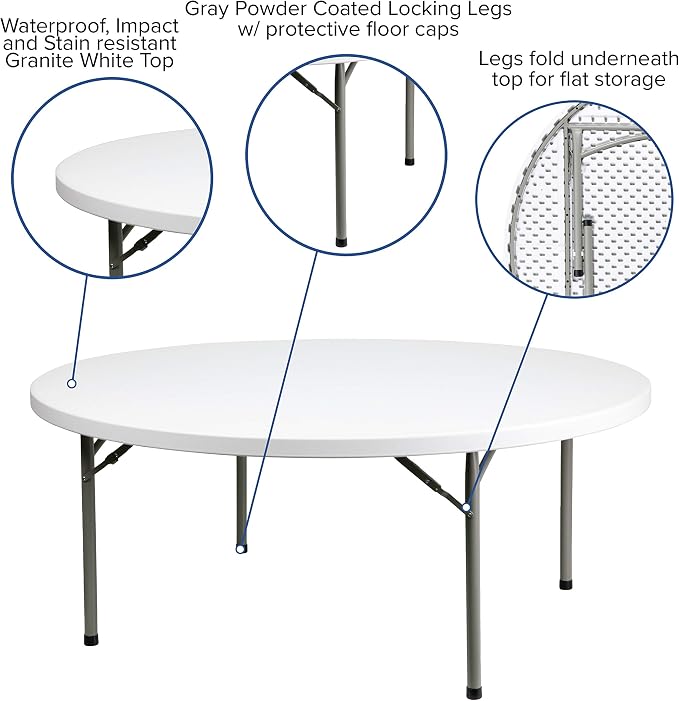Flash Furniture Elon 6' Round All-Occasion Plastic Folding Event Table, Foldable Portable Banquet Table for Indoor/Outdoor Events, White