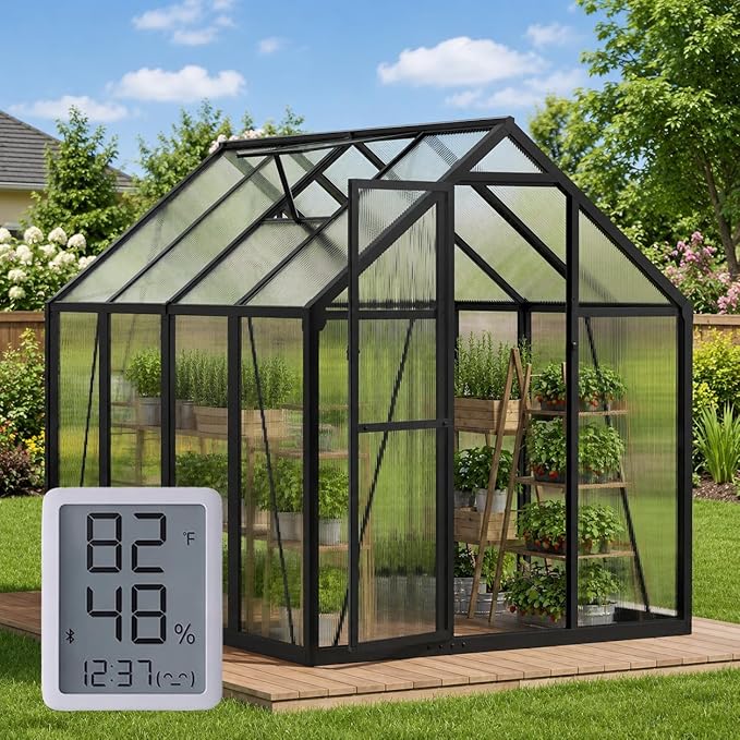 6×7.5FT Greenhouse for Outdoors, Walk-in Greenhouse and Winter Garden Planting, Polycarbonate Greenhouse with Electronic Thermometers, Withstands Strong Wind or Snow to Protect Vegetable or Plants
