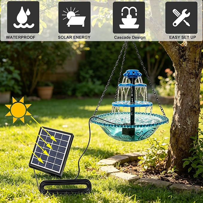 Solar Powered Hanging Bird Bath Fountain, 3-Tier Cascading Water Feeder for Hummingbirds Wild Birds[16.4FT/Extra Long Cord] for Outdoor,Garden, Patio, Backyard Decor