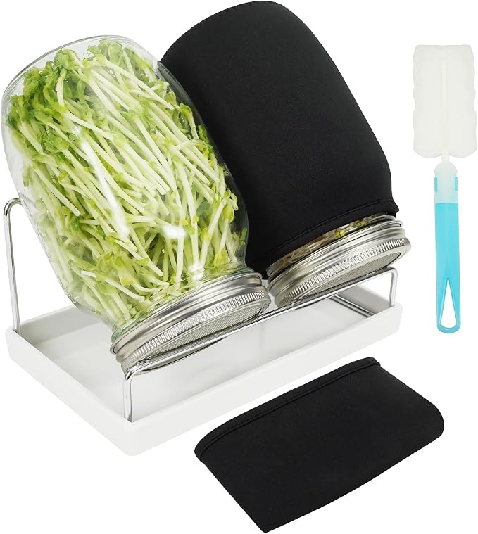 Sprouting Jar Kit Seed Sprouter Set for Growing Broccoli, Alfalfa, Mung Bea, Premium Stainless Steel Screen Sprout Lids, 2 Wide Mouth Mason Jars, Blackout Sleeves, Tray, Stand and Canning Brush