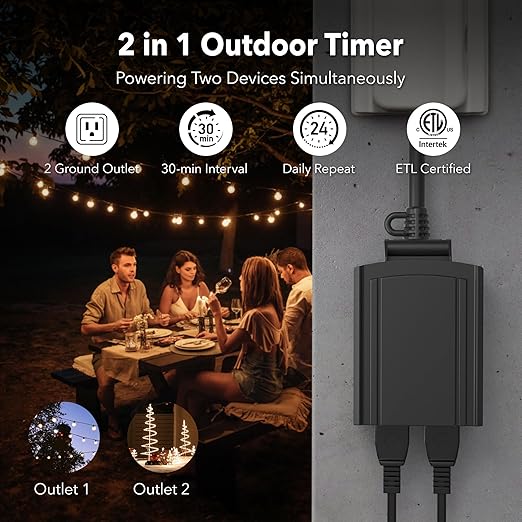 BN-LINK 24 Hour Heavy Duty Mechanical Timer, Outdoor Timer Outlet Waterproof with 30 Minutes Intervals, 2 Grounded Outlets for Christmas Lights Pool Pump,15A 1/2HP, ETL Listed（4 Pack）