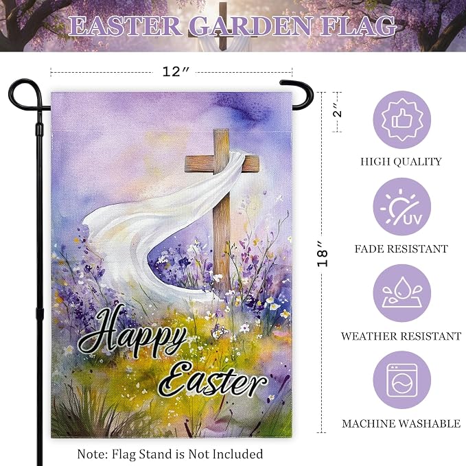 Easter Garden Flag 12x18 Inch Double Sided, Christian Cross Religious Happy Easter Decor, Burlap Small Spring Yard Banner for Outside Seasonal Holiday Decoration