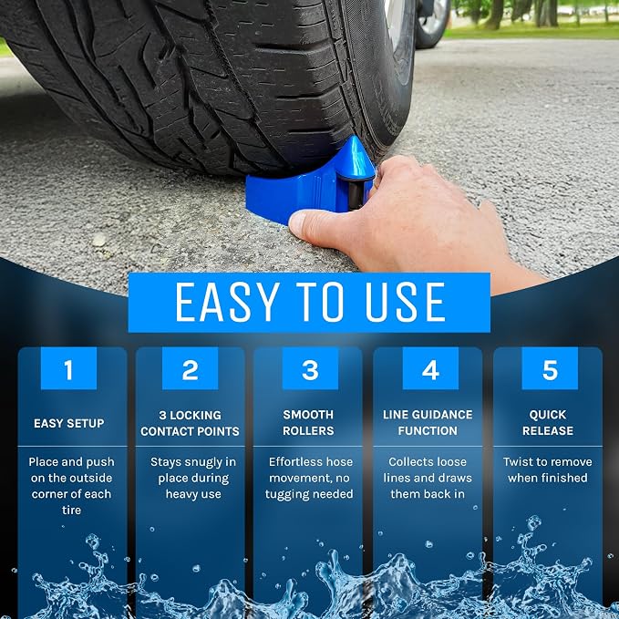DETAIL GUARDZ Hose Guide – 4pcs Plastic Hose Roller for Cars, Trucks & Motorcycles - Car Wheel Rolling System Tool Preventing Stucking and Snagging Under Tires (Blue)