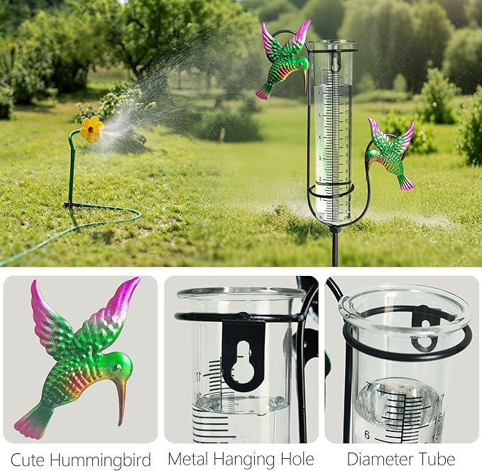 Rain Gauge Outdoor with Thermometer, 7" Freeze Proof Rain Gauges Outdoors Best Rated, Accurate & Easy to Read, Decorative Rain Measure Gauge for Yard Garden Patio (Hummingbird)