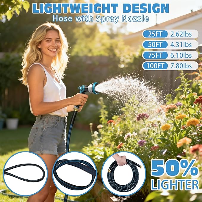 Halfjuly Garden Hose 75FT, Flat Non-Expandable Lightweight Water Hose, Durable Flexible Heavy Duty No Kink Design with 3/4" Fittings, 10 Way Spray Nozzle for Outdoor Yard Lawn