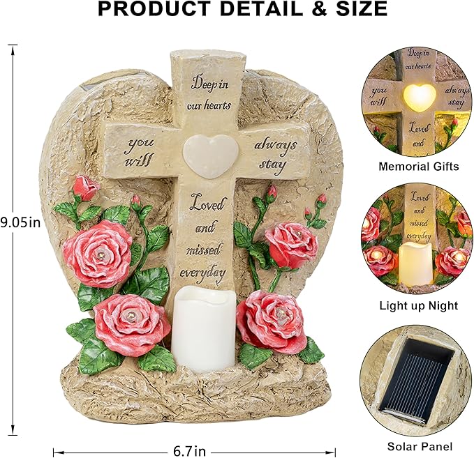 MXwcy Memorial Garden Stone Cross with LED Lights - Sympathy Gift, Bereavement & Remembrance for Loss of Loved One, Outdoor Indoor Grave Marker Decoration, Weatherproof Resin Heart Rose Design