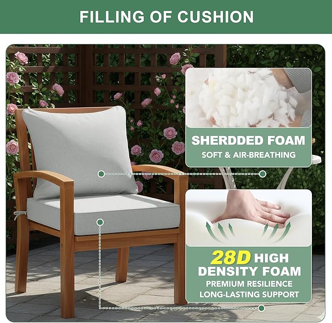 Summsun Patio Cushions for Outdoor Furniture, Faux Linen Water Resistant Backrest and Seat Cushion Set with Non-Slip Bottom, Straps, Removable Cover, 19 x 19 Inch, Light Grey, Set of 4