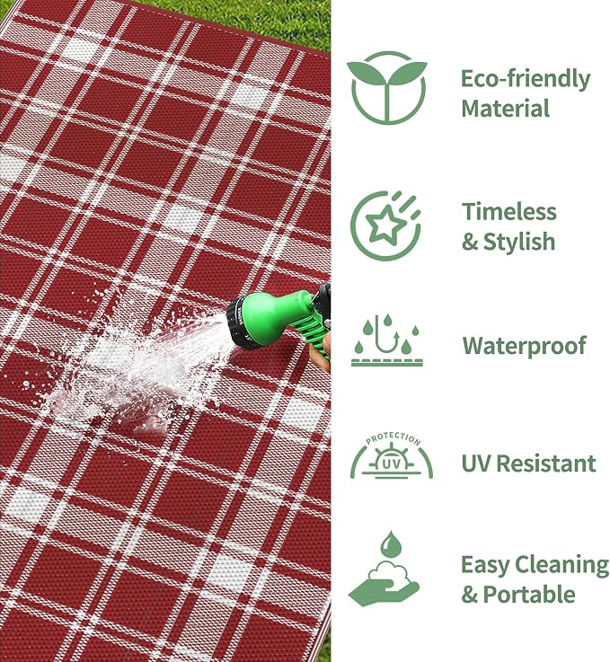 GENIMO Waterproof Outdoor Rug for Patio Clearance, 9'x12' Reversible Plastic Straw Rugs, Lightweight RV Camping Mat for Camper, Balcony, Deck, Backyard, Picnic, Red White Plaid