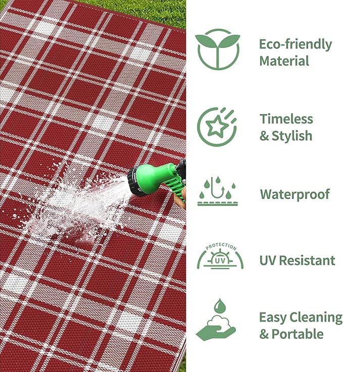 GENIMO Waterproof Outdoor Rug for Patio Clearance, 4'x6' Reversible Plastic Straw Rugs, Lightweight RV Camping Mat for Camper, Balcony, Deck, Backyard, Picnic, Red White Plaid