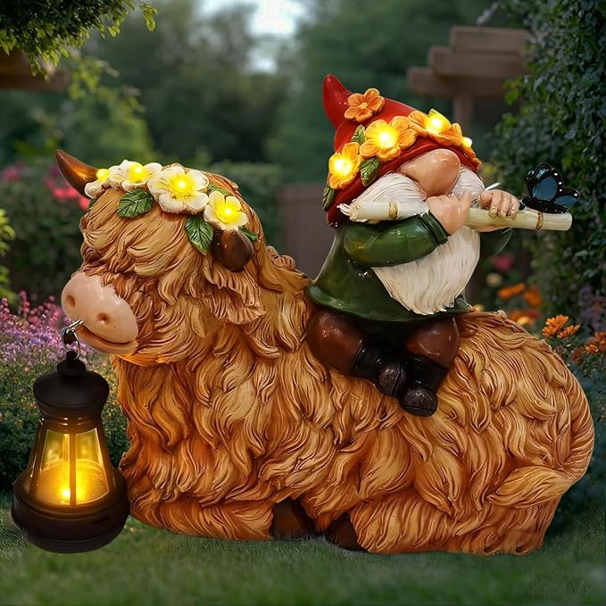 WINTS Solar Highland Cow Gnome Light,9.8" Highland Cow Statue with Lantern for Lawn Yard Outdoor Garden Decorations, Unique Gift for Mom Women Men