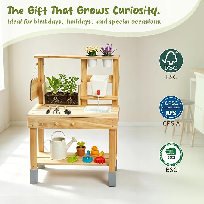 Beipoo Kids Potting Bench with Clearview Planter, Outdoor Mud Kitchen for Kids, Wooden Garden Station with Faucet, Chalkboard, Sink, Plant Pots, Cooking & Planting Toy for Toddler Boys Girls Ages 3+