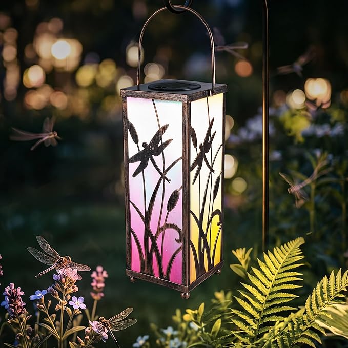 ODEETRONIC Solar Lantern Light, Hanging Dragonfly Lantern with Colorful Film Shade, Metal Solar Tabletop Light Warm White LED Outdoor Garden Lighting Waterproof for Patio Pathway Porch Balcony Decor
