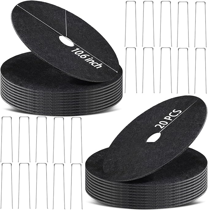 20Pack Non-Woven Tree Mulch Ring 10.6 Inch Tree Rings for Weed Control, Root Protection, Reusable Mat with 20 Staples Stakes, Round Ring Grass Pets Damage