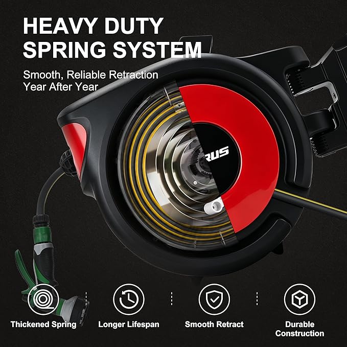 PURUS Retractable Garden Hose Reel,1/2 in x 100 ft Wall Mounted Hose Reel, with 8- Function Sprayer Nozzle, Any Length Lock, Smooth Retraction, Wall Mounted, 180°Swivel Bracket