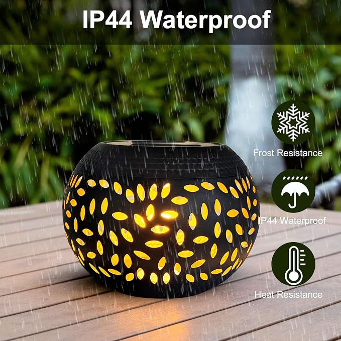 Mothers Day Gifts Solar Table Light Outdoor Waterproof- Solar Powered LED Lantern Hollowed-Out Black Metal Desktop Decorative Lamp for Indoor Desk Bedroom Patio Garden Pathway Yard