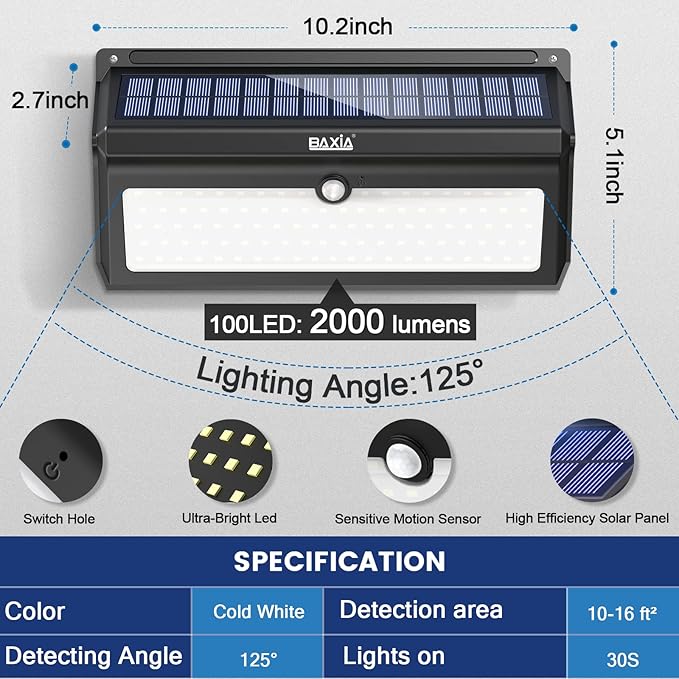 Solar Lights Outdoor, Wireless 100 LED Solar Motion Sensor Lights Waterproof Security Wall Lighting Outside for Front Door, Backyard, Steps, Garage, Garden (2000LM, 4PACK)