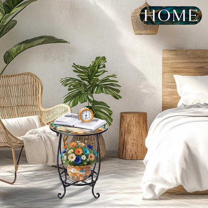 Cinnvoice Outdoor Side Table Round Small Mosaic Patio Accent Indoor End Plant Coffee Tea Table for Yard Patio Porch Garden Living Room, Bedroom(Beach Starfish Style,14 Inch)