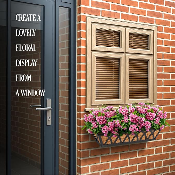 2 Pack 24IN Window Box Railing with Adjustable Brackets, Hanging Flower Planter Basket with Coco Liner for Outdoor Balcony Porch Fence Patio (Black)