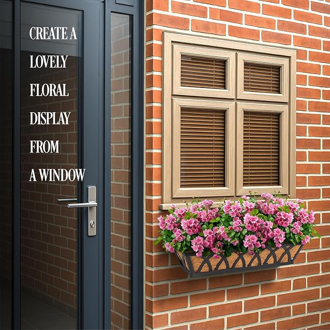 36IN Window Box Railing with Adjustable Brackets, Hanging Flower Planter Basket with Coco Liner for Outdoor Balcony Porch Fence Patio (Black - Set 4)
