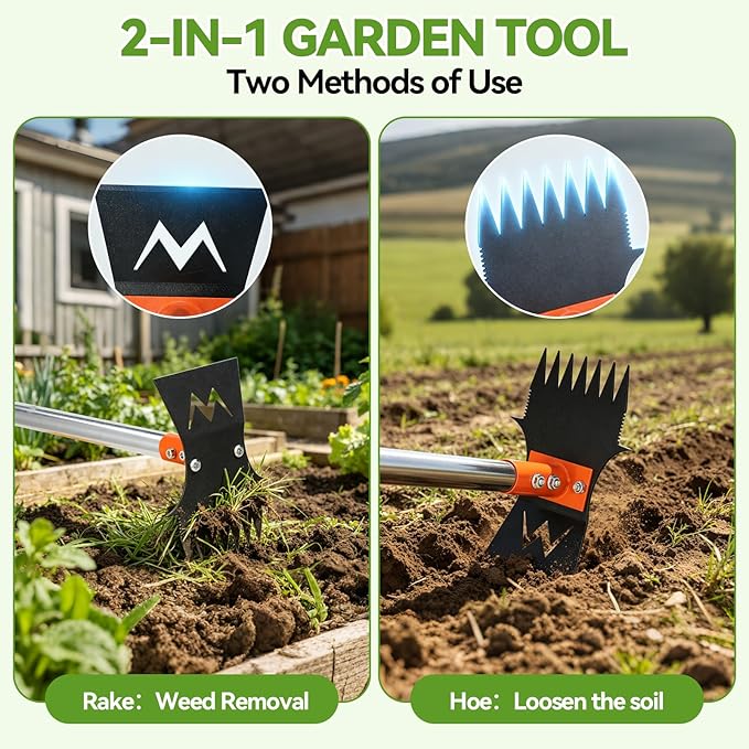 Weed Puller Tool with Long Handle, 60" Stand Up Manual Weed Remover Tool, 7-Tine Heavy Duty 2-in-1 Weed Rake&Garden Hoe for Gardening, Uprooting Weeding Pull Tool for Yard Lawn Patio Garden Flower Bed