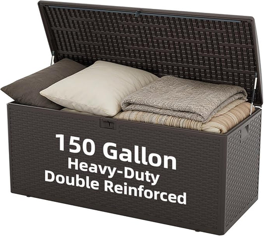 150 Gallon Deck Box, Double Layer Waterproof Resin, Lockable & UV Resistant Storage Box for Patio, Garden, Pool, Brown