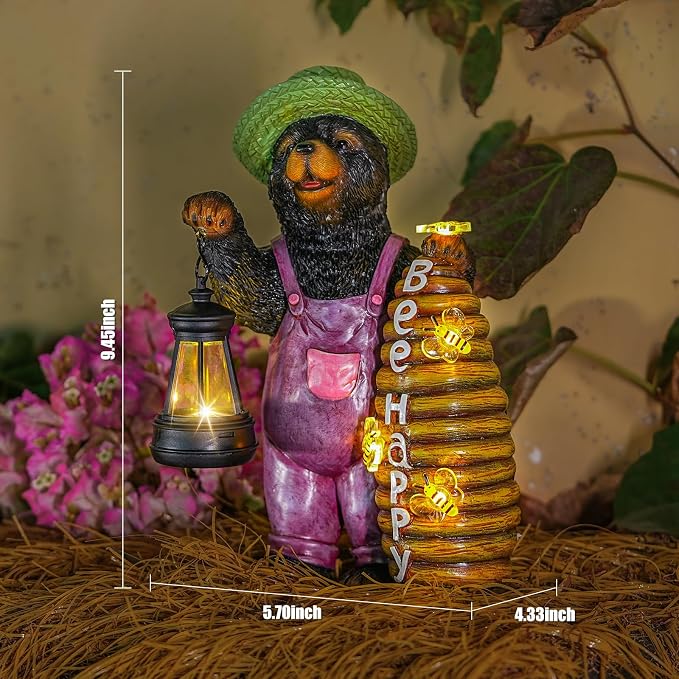 Joint Honglin Solar Black Bear Garden Statue with Lighted Beehive & Lantern, Resin Bear Holding Honey Bee Hive, Outdoor Waterproof Solar Garden Decor, Yard Lawn Patio Porch Farmhouse Decoration