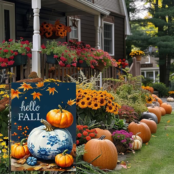 Hello Fall Garden Flag 12x18 Double Sided, Burlap Seasonal Thanksgiving Autumn Blue Pumpkin Garden Flags Fall Decorations for Home Outside Porch Garden Decor, Small Decorative Outdoor Yard Lawn Flags