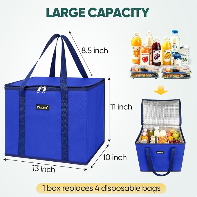BALEINE 1Pk Insulated Reusable Grocery Bags, Foldable Shopping Bags for Groceries with Reinforced Bottom & Handles (Blue)