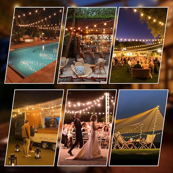String Lights, 100FT Patio Lights with 64+5 Bulbs(1.5FT Bulbs Spacing), Outdoor String Lights, Remote & Dimmer, 3 Mode Light & Timing, 65PC Mounting Ties for Outside, 2200K (White)